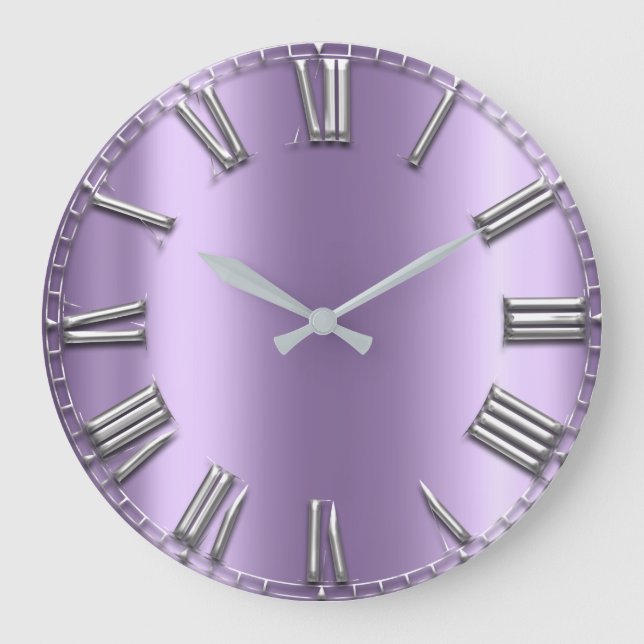 Black White Grey Lavender Silver Roman Numbers Large Clock (Front)