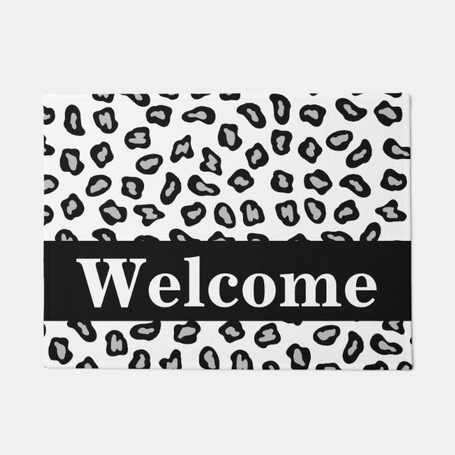 Black White Grey Leopard Skin Pattern Welcome Doormat (Front)