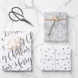 Black white & grey Merry Christmas Snowflakes set Wrapping Paper Sheet