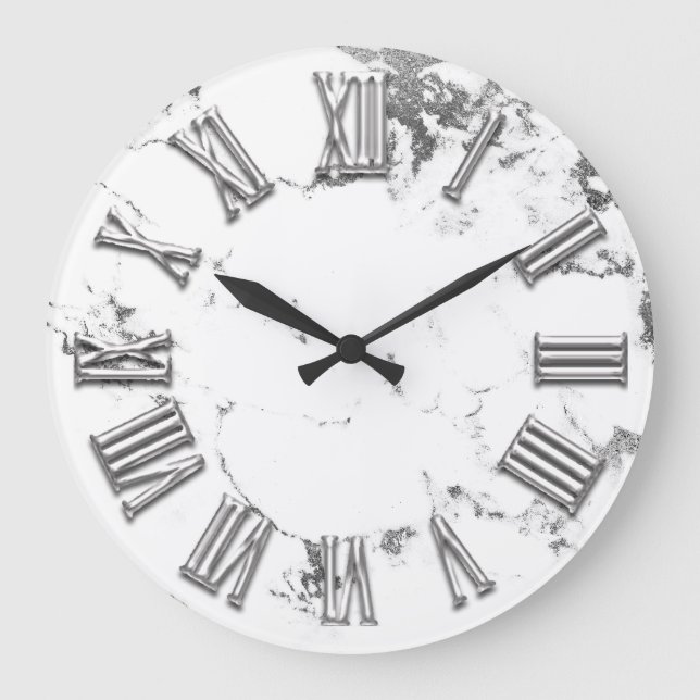 Black White Grey Metal Marble Stone Roman Number Large Clock (Front)