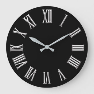 Black White Grey Metal Minimal Silver Roman Number Large Clock