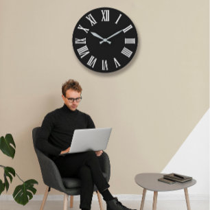 Black White Grey Metallic Silver Roman Numbers Large Clock
