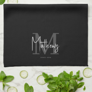 Black White Grey Monogram Family Name Tea Towel