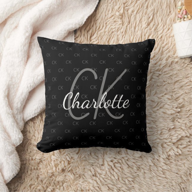 Black white grey monogram name script throw pillow (Blanket)