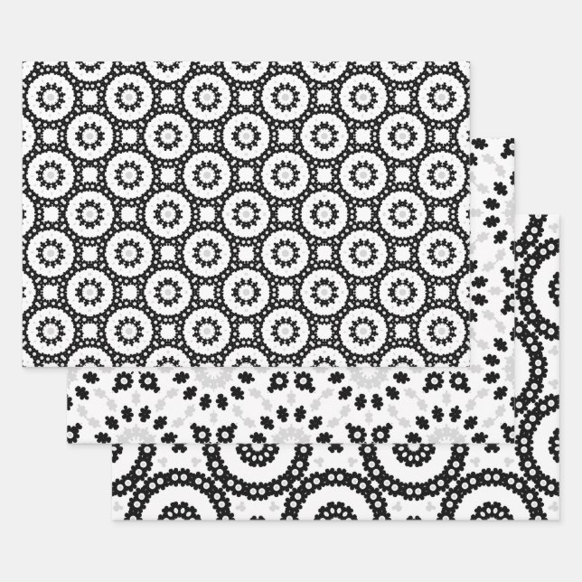 Black White & Grey Mosaic Boho Geometric Patterns Wrapping Paper Sheet (Set)