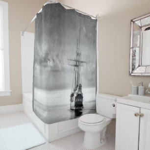 Black White Grey Old Pirate Ship Sailing Boat Shower Curtain
