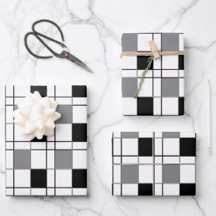 Black White Grey Plaid Tartan Chequered Pattern Wrapping Paper Sheet