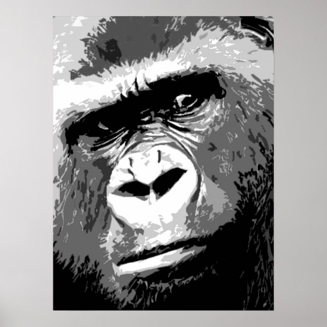 Black White Grey Pop Art Gorilla Portrait Poster (Front)