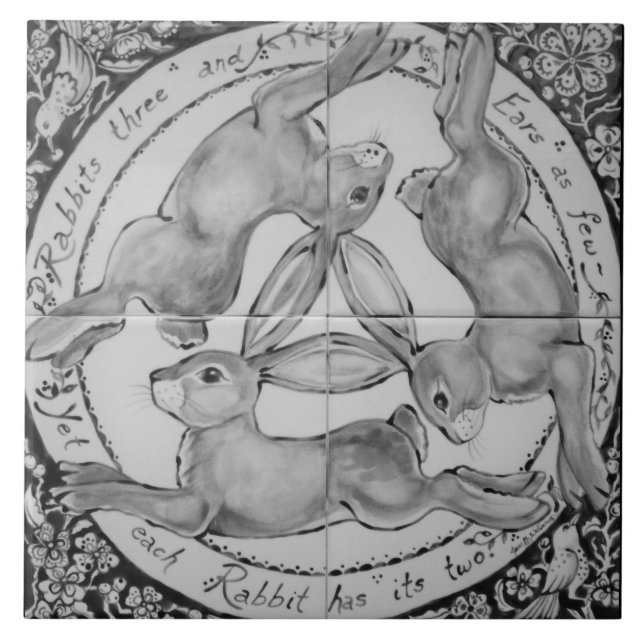 Black & White Grey Rabbit Three Hares Gift Bird Ceramic Tile (Front)