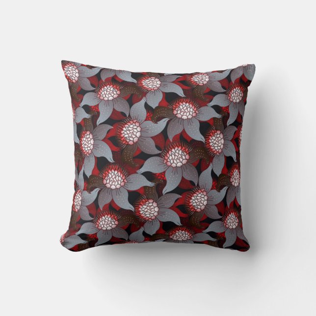 Black White Grey & Red Bold Floral Pattern Cushion (Front)