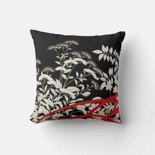 Black White Grey & Red Elegant Kimono Print Cushion (Front)