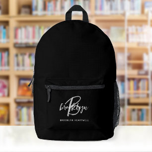 Black White Grey Script Monogram Name Printed Backpack
