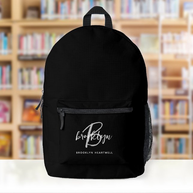 Black White Grey Script Monogram Name Printed Backpack (Creator Uploaded)