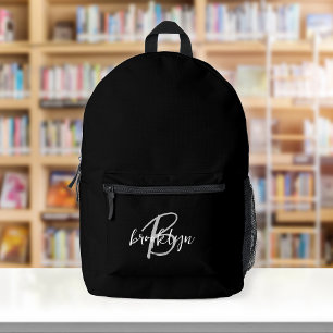 Black White Grey Script Monogram Printed Backpack