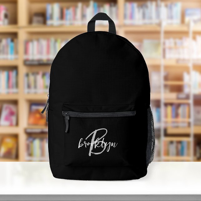 Black White Grey Script Monogram  Printed Backpack (Creator Uploaded)