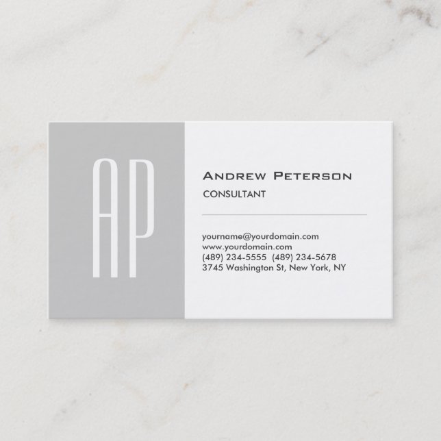 Black White Grey Stripe Monogram Business Card (Front)