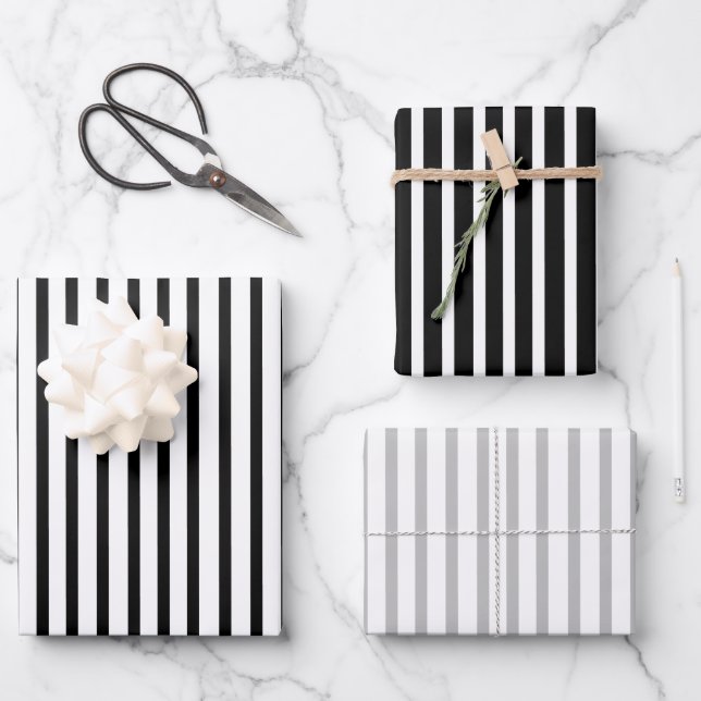 Black, White, Grey, Stripes Set of 3 Wrapping Paper Sheet (Front)