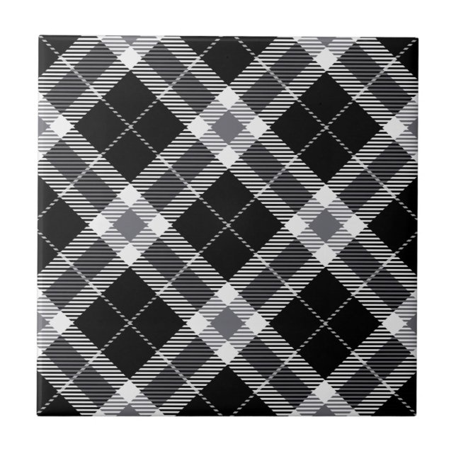 Black White & Grey Tartan Plaid Ceramic Tile (Front)