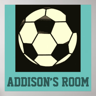 Black White Grey Teal Blue Soccer Ball Custom Name Poster