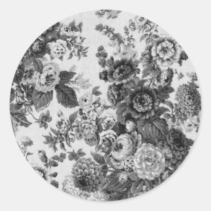 Black & White Grey Tone Vintage Floral Toile No.3 Classic Round Sticker