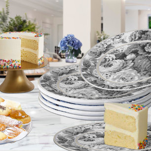 Black & White Grey Tones Floral Toile No.3 Paper Plate