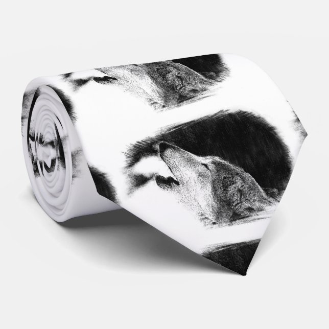 Black & White Grey Wolf Artwork Tie (Rolled)