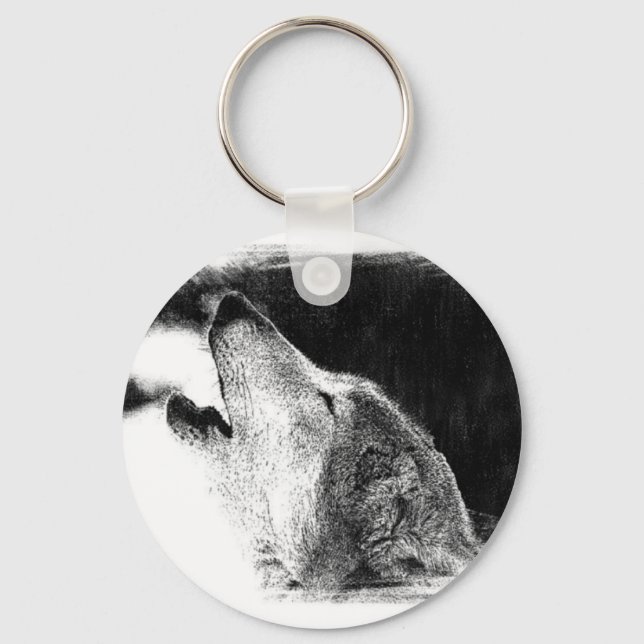 Black & White Grey Wolf Sketch Artwork Key Ring (Front)