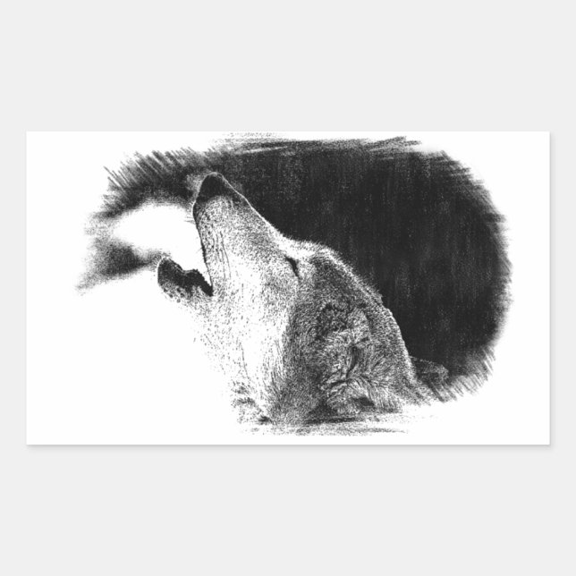 Black & White Grey Wolf Sketch Artwork Rectangular Sticker (Front)