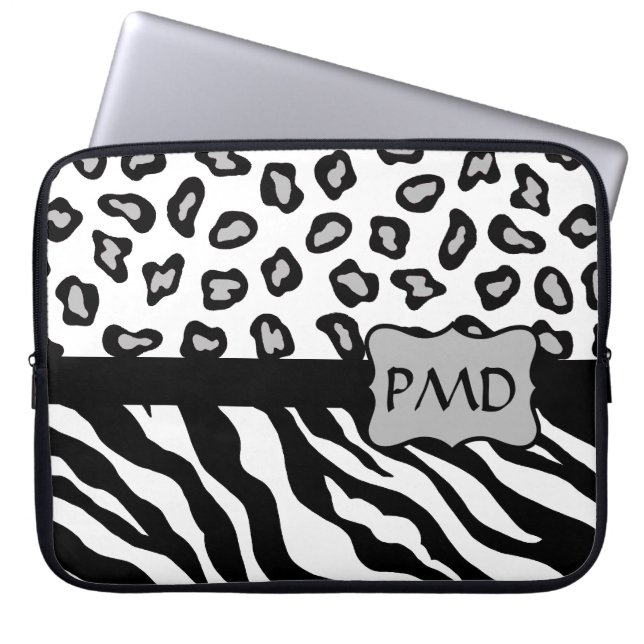 Black, White & Grey Zebra & Cheetah Skin Monogram Laptop Sleeve (Front)