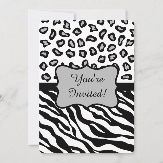 Black White Grey Zebra Leopard Invitation (Front)