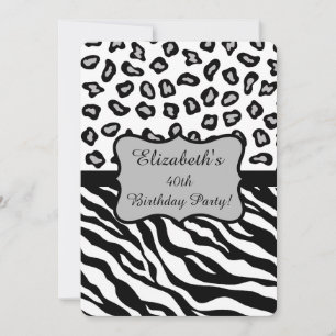 Black White Grey Zebra Leopard Skin 40th Birthday Invitation