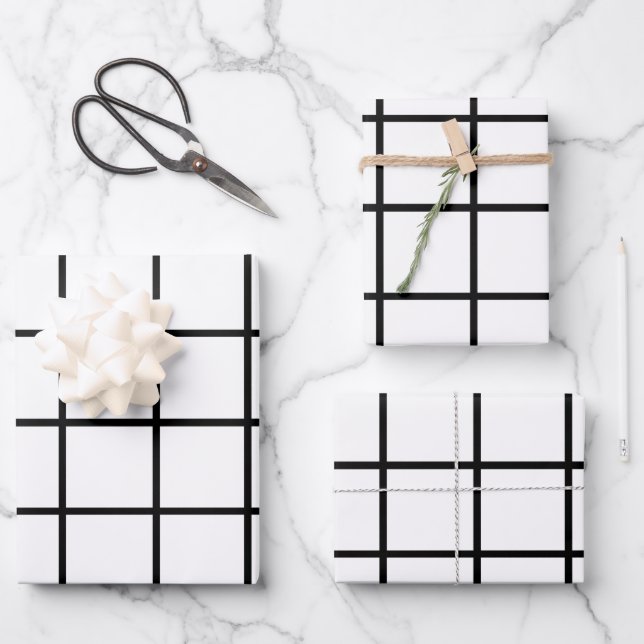Black white Grid Pattern Wrapping Paper Sheet (Front)