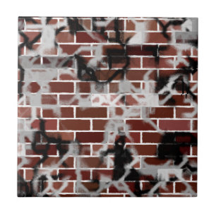 Black & White Grunge Graffiti Riddled Brick Wall Tile