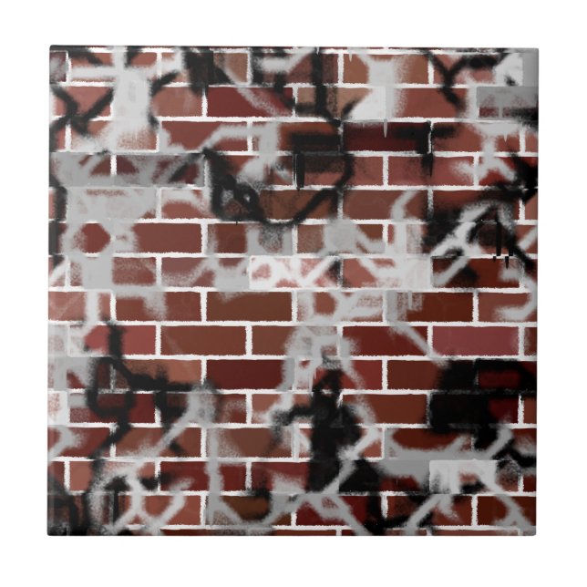 Black & White Grunge Graffiti Riddled Brick Wall Tile (Front)
