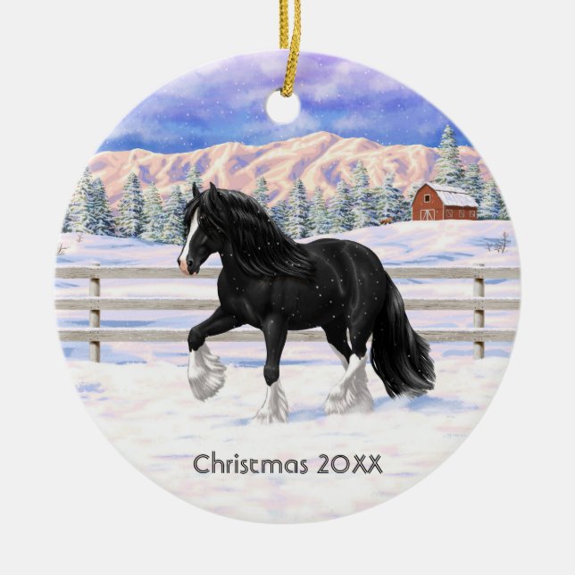 Black & White Gypsy Vanner Tinker Draft Horse Ceramic Ornament (Front)