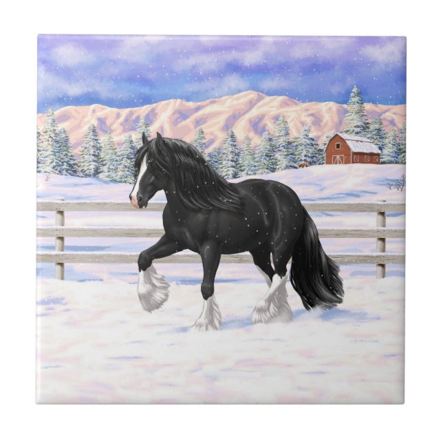 Black & White Gypsy Vanner Tinker Draught Horse Ceramic Tile (Front)