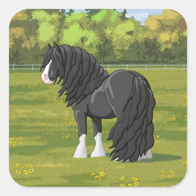 Black & White Gypsy Vanner Tinker Draught Horse Square Sticker (Front)