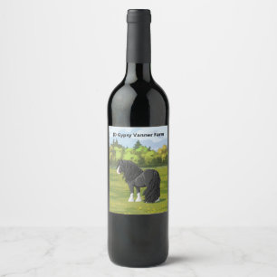 Black & White Gypsy Vanner Tinker Draught Horse Wine Label