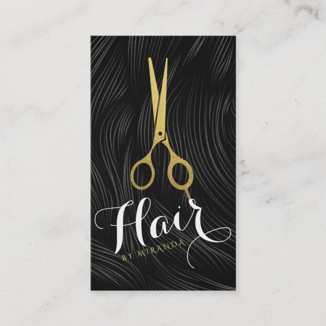 Black White Hair Pattern Gold Scissors Hairstylist Appointment Card (Front)