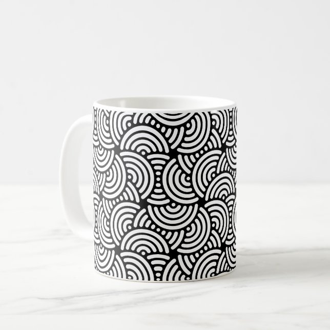Black White Half-Circle Spiral Arcs Curve Pattern Coffee Mug (Front Left)