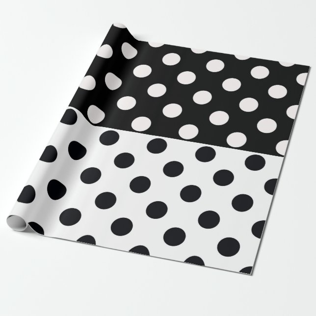Black White Half Colour Split Inverse Polka Dots Wrapping Paper (Unrolled)