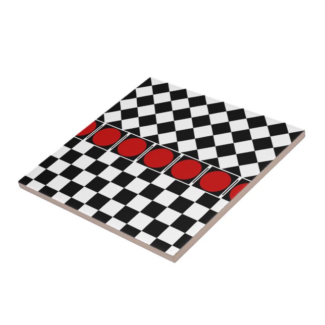 Black White Half Diamond Checkers Ceramic Tile (Side)