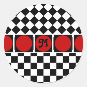 Black White Half Diamond Checkers Classic Round Sticker