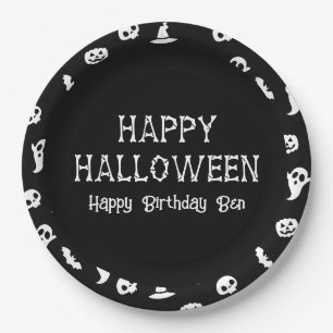 Black White Halloween Bats & Ghost Halloween Party Paper Plate