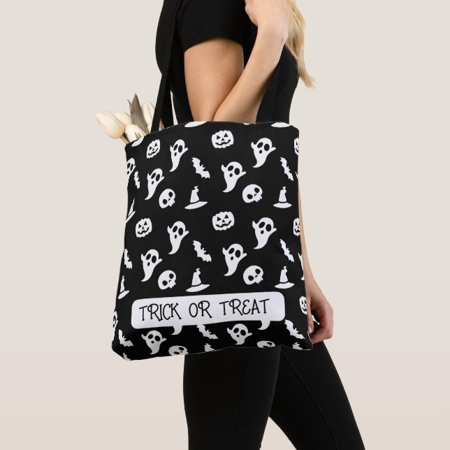 Black White Halloween Bats & Ghost Halloween Party Tote Bag (Close Up)