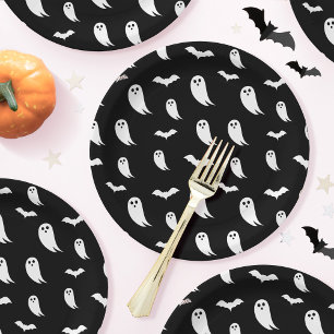 Black & White Halloween Ghost & Bats Pattern Paper Plate