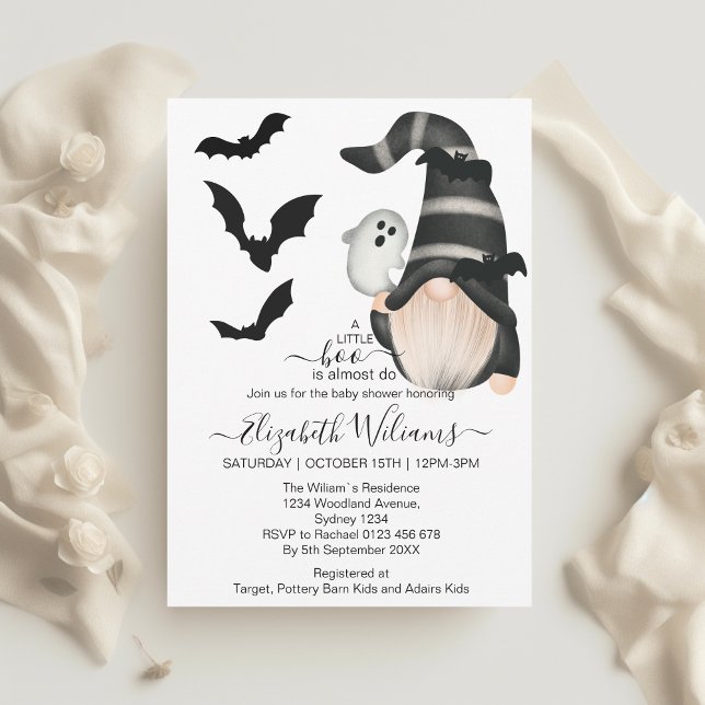 Black White Halloween Gnome Little Boo Baby  Invitation (Creator Uploaded)