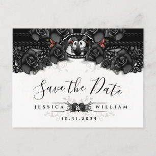 Black White Halloween Lace Wedding Skeletons Announcement Postcard
