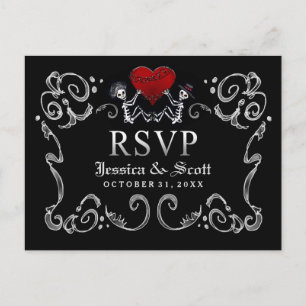 Black White Halloween Skeletons Heart Wedding RSVP Invitation Postcard