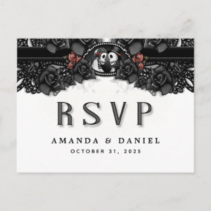 Black White Halloween Skeletons MENU RSVP PostCard